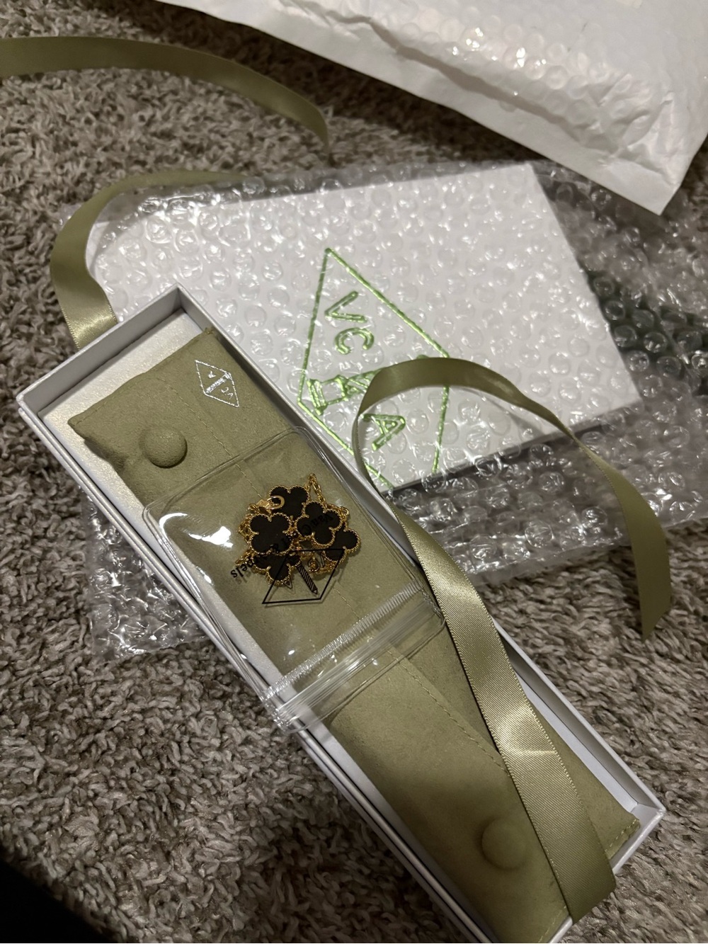 VCA Inspired Clover Pin on Olive Green Suede Pouch